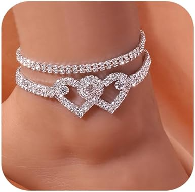 Multi-layers Rhinestones Anklet Double Heart Anklet for Women