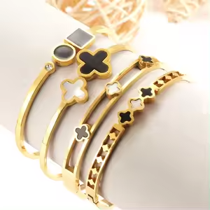 Open Bracelet Stainless Steel Four Leaf Clover Bangle Cuff Bracelet