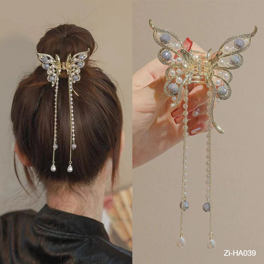 Rhinestone Butterfly Tassel Pearl Back Head Hairpin