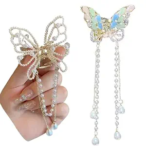 Rhinestone Butterfly Tassel Pearl Back Head Hairpin